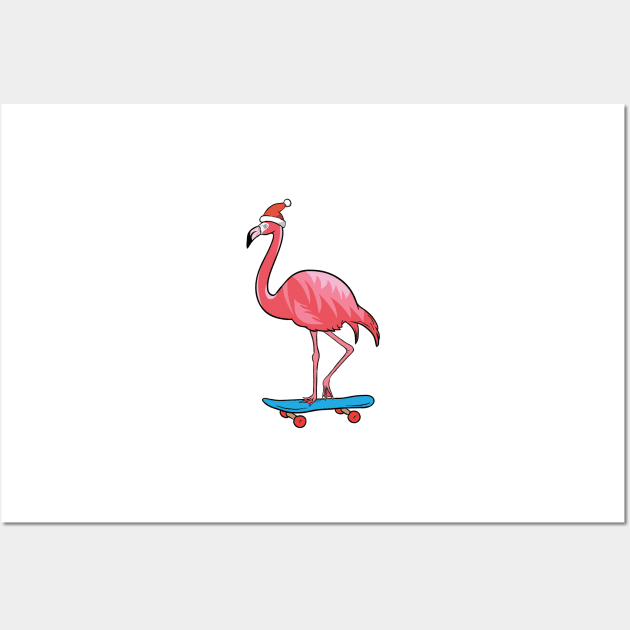 Cute Santa Hat Flamingo Skateboard Christmas Wall Art by theperfectpresents